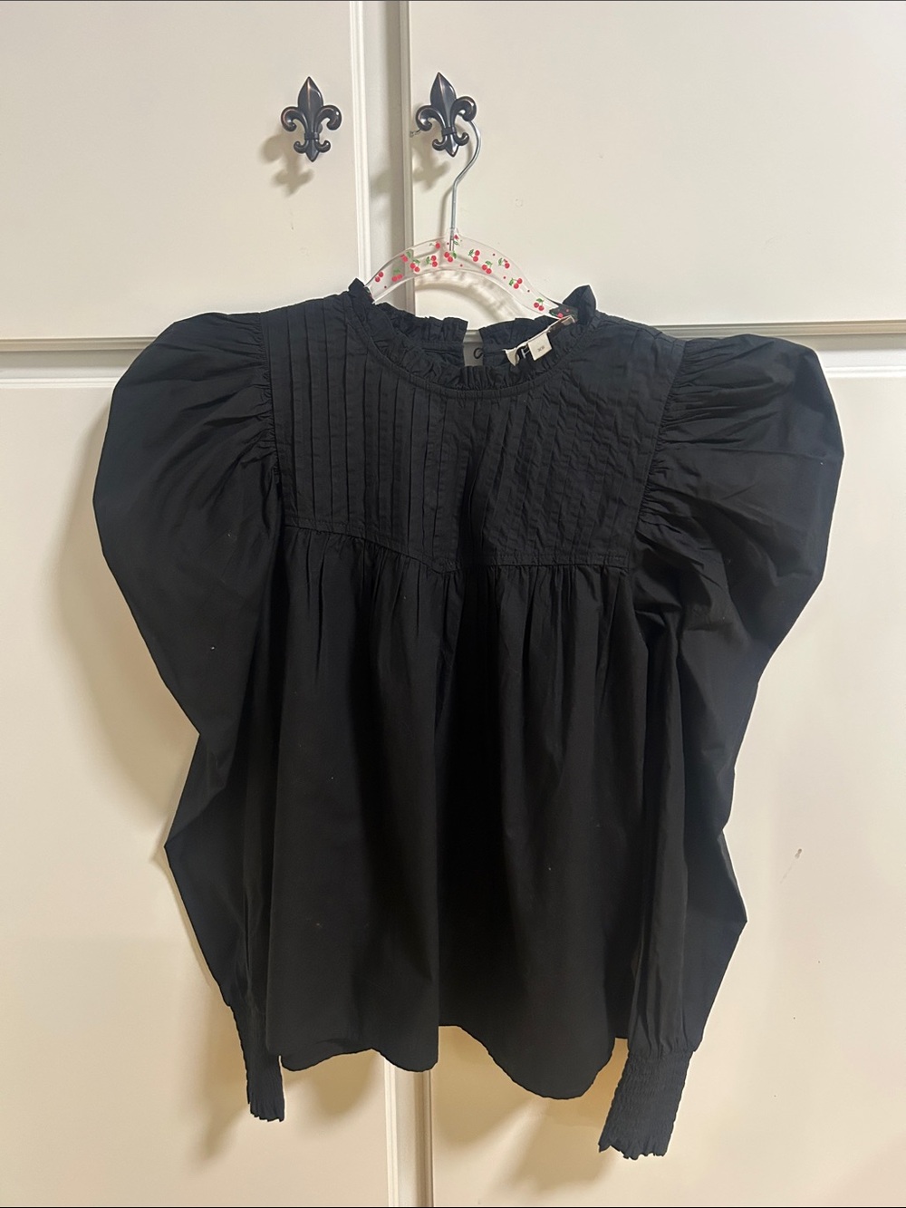 Cleobella Irina Black Puff-Sleeve Cotton Pintuck Blouse XS